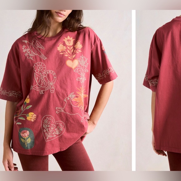 NWT Free People Denim And Bone Telling Tales Tee - brick red combo - medium - Picture 2 of 11